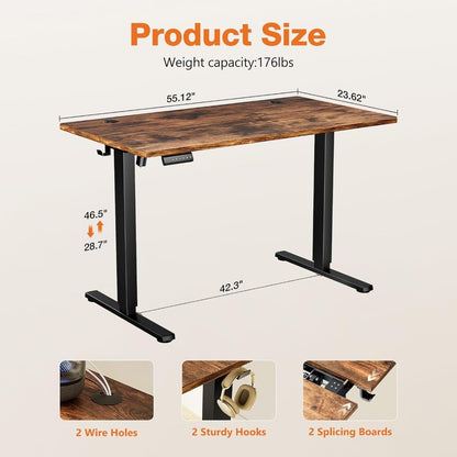 Electric Adjustable Height Standing Desk - 55 x 24 inch Sit to Stand Up Desk with Splice Board, Rising Home Office Computer Tab
