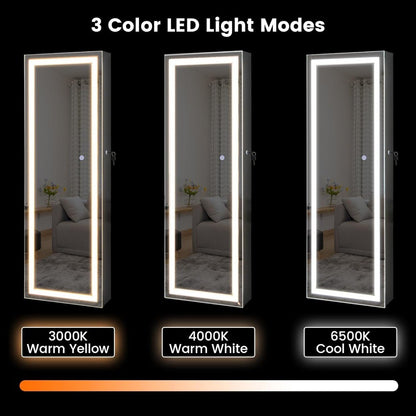 LED Mirror Jewelry Cabinet, 47.2'' Jewelry Armoire with Adjustable Lighted Full Length Mirror, Wall Mounted or Door Hanging, Lo