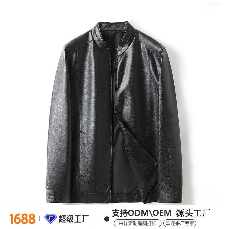 Men's Stand Collar Slim Fit Autumn Winter New Haining Leather Jacket Men's Middle-aged Plus Velvet Thickening