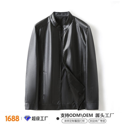 Men's Stand Collar Slim Fit Autumn Winter New Haining Leather Jacket Men's Middle-aged Plus Velvet Thickening