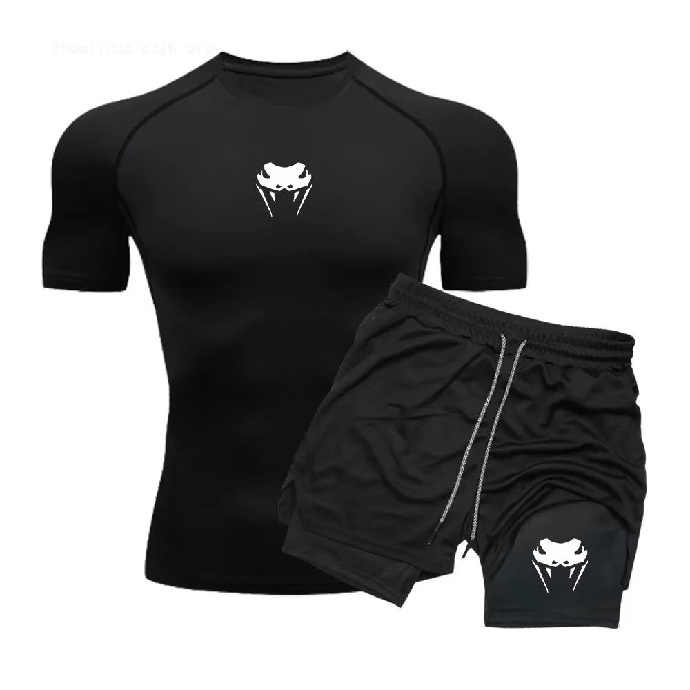 Men Compression Athletic Fitness Wear - Quick-Dry Tight Short-Sleeve Anime Double-Layer Shorts Summer Set Fitness Running Set