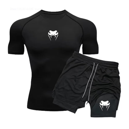 Men Compression Athletic Fitness Wear - Quick-Dry Tight Short-Sleeve Anime Double-Layer Shorts Summer Set Fitness Running Set