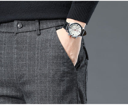 Autumn Winter New Fleece Thickened Casual Pants Men Business Straight Slim Plaid Pants Black Gray Men's Warm Trousers