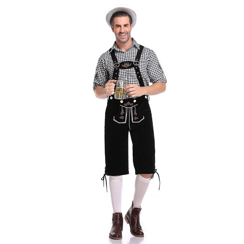 Germany Oktoberfest Costumes Adult Men Traditional Bavarian Beer Shorts Outfit Overalls Shirt Hat Suspenders Set Halloween Cloth