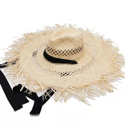 Straw hat women summer Large eaves beach vacation photo sunscreen straw hat personality European style foldable beach hat