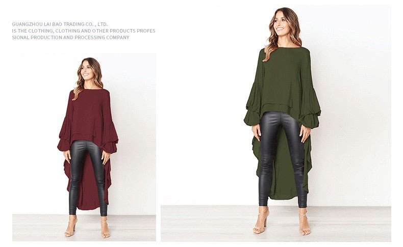 Elegant Solid Color Chiffon Shirts Women O Neck Lantern Sleeves Irregular Long Blouses Tops Temperament Lady Commuting Clothing