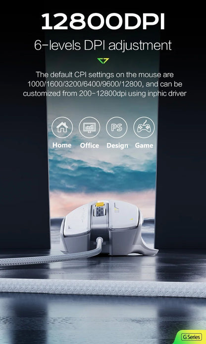 Mouse Inphic PG1 com Fio para Escritório/Jogos com 12 Efeitos de Iluminação RGB e 12800DPI, Adequado para Desktops e Laptops