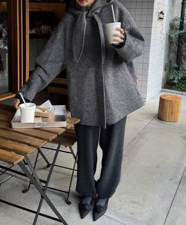 Korean Sle Woolen Coat Women's Chic Temperament Sweet Bow Tie Collar Hooded Warm Woolen Coat Long Sve Mid-Length