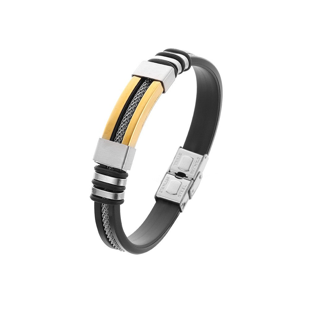 Pulseira Masculina de Couro, Silicone e Aço Inoxidável Esportiva Corrente de Mão Acessórios de Joias Presente Masculino