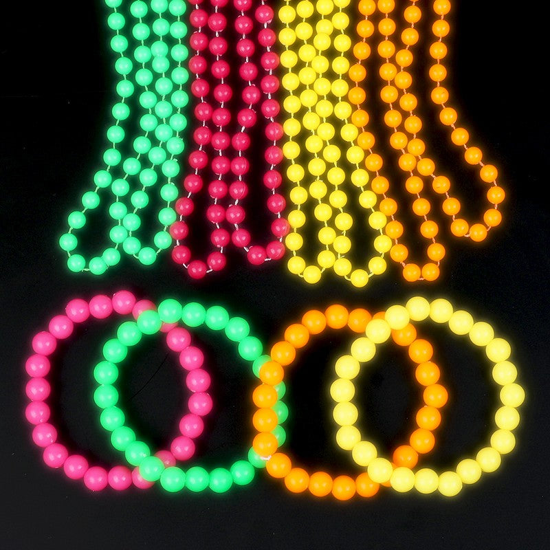 4PCS Connected Beads Necklace Bracelet Set Neon Colorful Beads String Collar Charm Bohemian Fluorescent Choker Birthday Gift