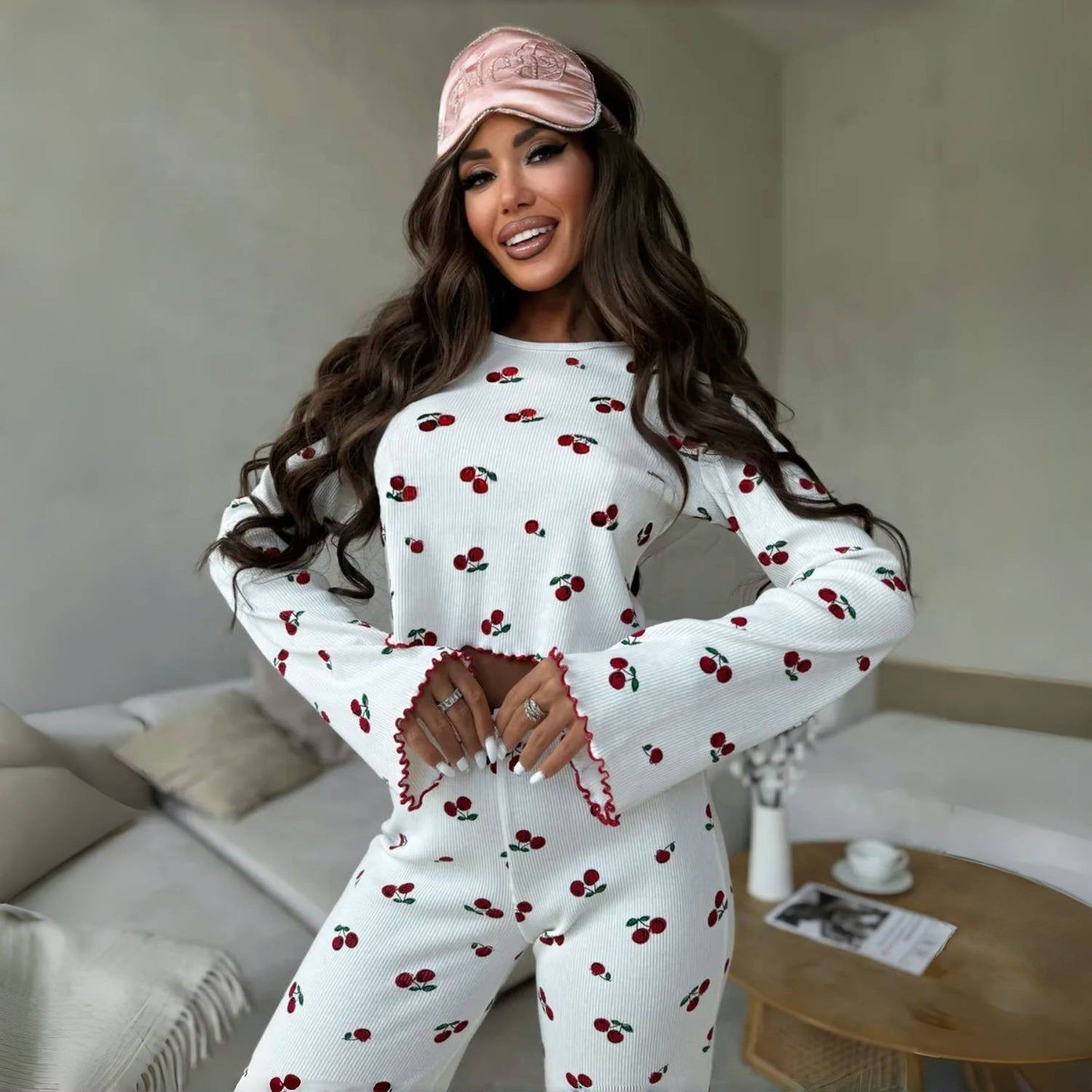 Lace Trim Women Pajama Set Short Sleeve Front Button Top & Full-Length Pants Cherry Print 2 Pieces Sleepwear Nightwear Homewear