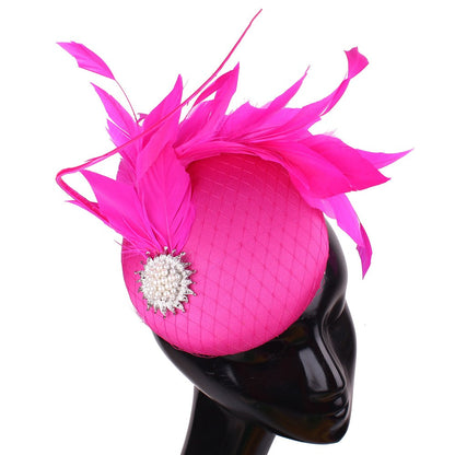 Lindo Fascinador de Cabelo de Cetim Magenta Festa Noturna Formal Chapéu para Senhoras de Igreja Chapéu de Casamento Nupcial com Penas