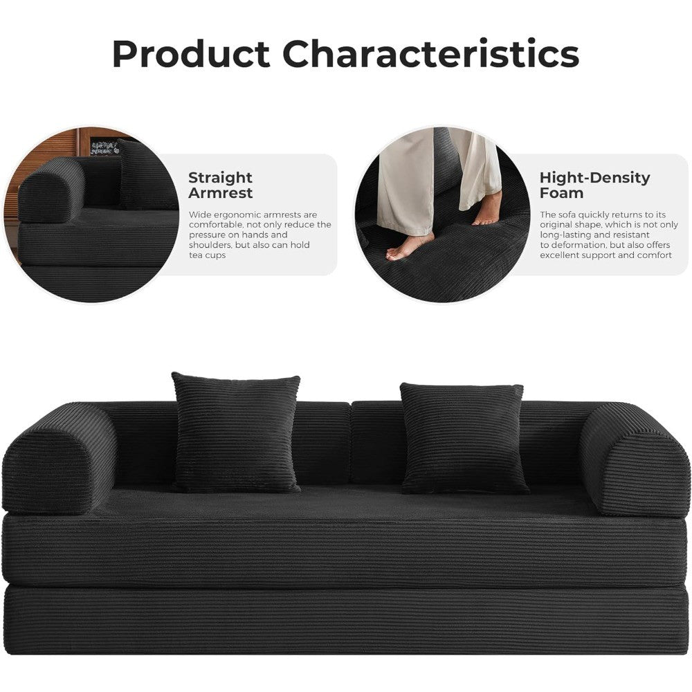 79" Convertible Sofa Bed, Corduroy Convertible Sleeper Sofa Bed, Boneless Couch with Fixed-Shape Frame, Floor Sofa Modular Couch