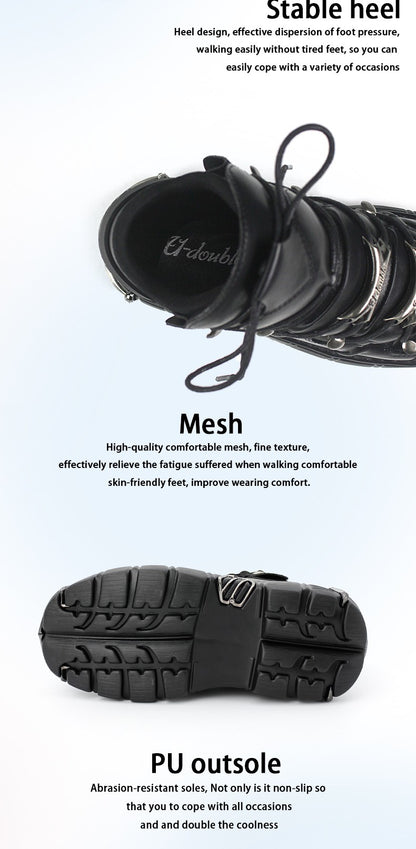 2025 New Brand Punk Style Women Shoes Lace-up heel height 6CM Platform Shoes Woman Rock Boots Metal Decor Woman Sneakers