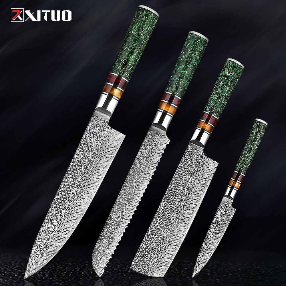 Conjunto de Facas de Cozinha XITUO Luxury Damascus Japonesas Chef Santoku Faca Cutelo Descascar Faca de Pão Cabo de Resina Sintética Destaque