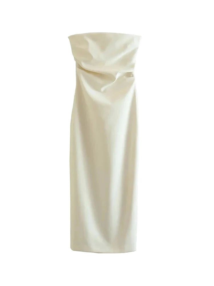 TRZA Women Fashion Strapless Gathered Midi Dress Sexy Straight Neck Back Slit Fe