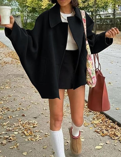 Women's Oblique Button Loose Batwing Sleeve Jacket Coat Lapel Double Pocket Warm Solid Vintage Outerwear Fall Winter Coat
