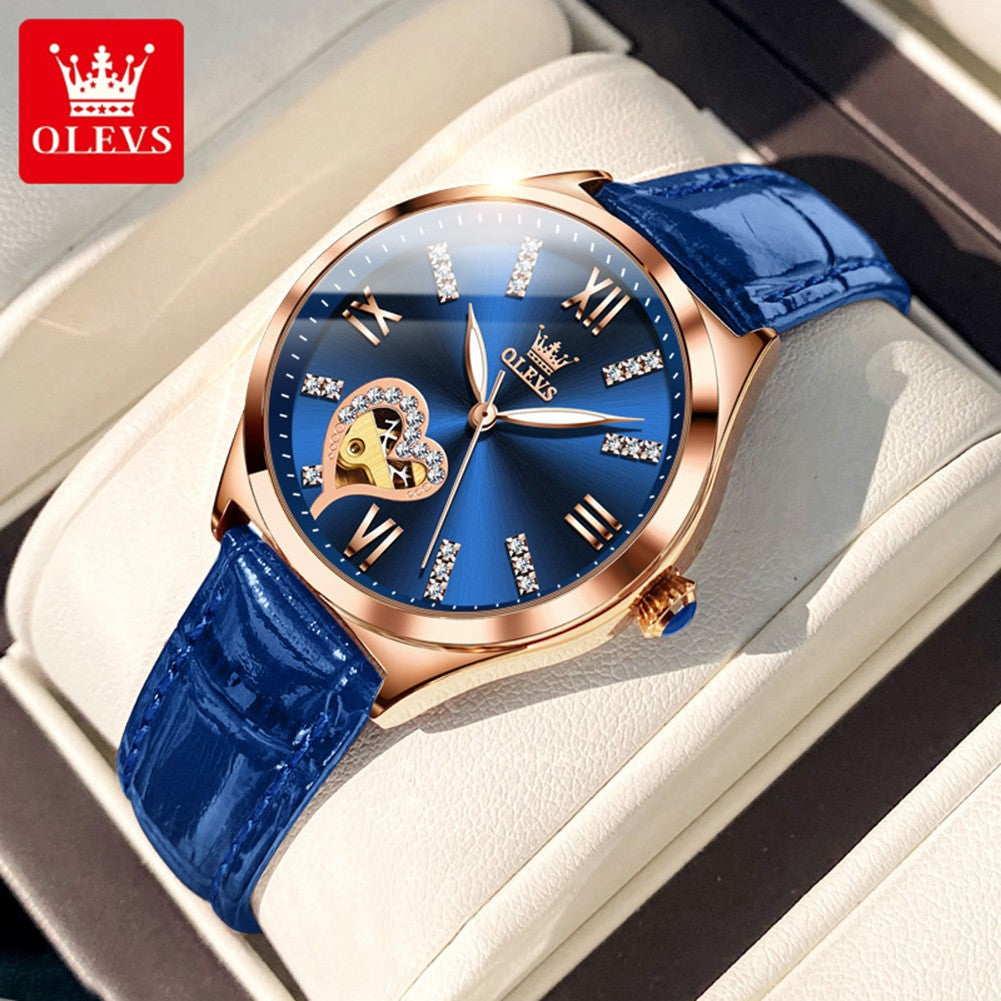 OLEVS 6636 Luxury Women Watch Fully Automatic Hollow Design Diamond Heart shaped Watch Elegant Mechanical Women Bracelet Watch