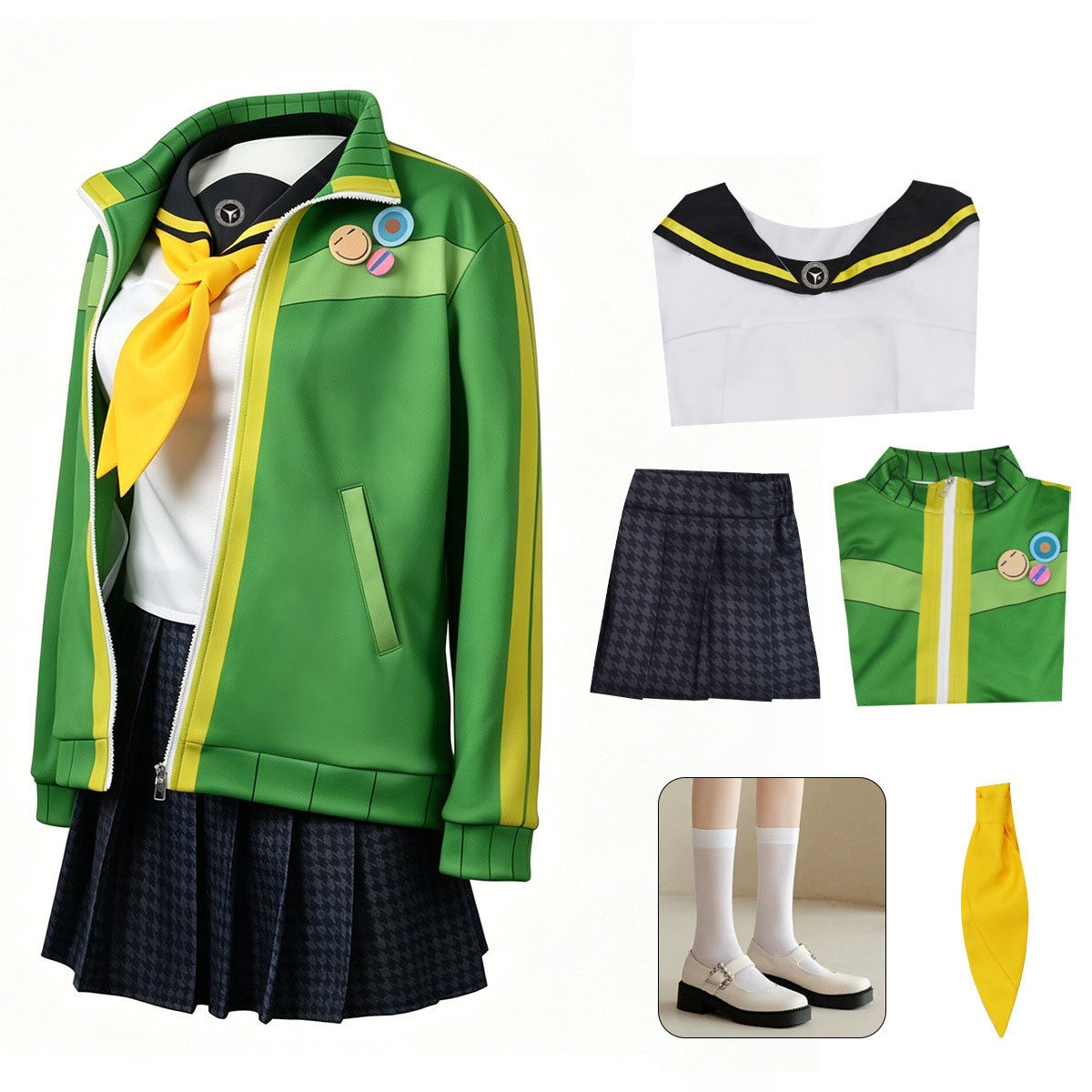 Anime Chie Satonaka Cosplay Costume JK Sport Uniform Costume Green Yellow Striped Zip-Up Track Jacket Skirt Set for Daily Suit