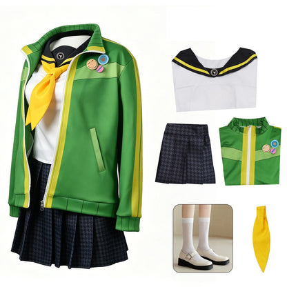 Anime Chie Satonaka Cosplay Costume JK Sport Uniform Costume Green Yellow Striped Zip-Up Track Jacket Skirt Set for Daily Suit