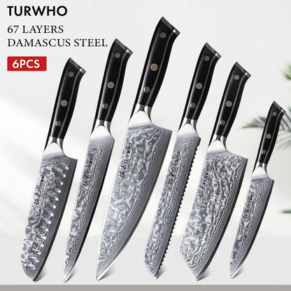 Conjunto de Facas TURWHO 1-6 Peças Aço Damasco 67 Camadas Facas de Cozinha Santoku Faca de Chef Faca Multiuso Para Pão Ferramentas de Cozinha