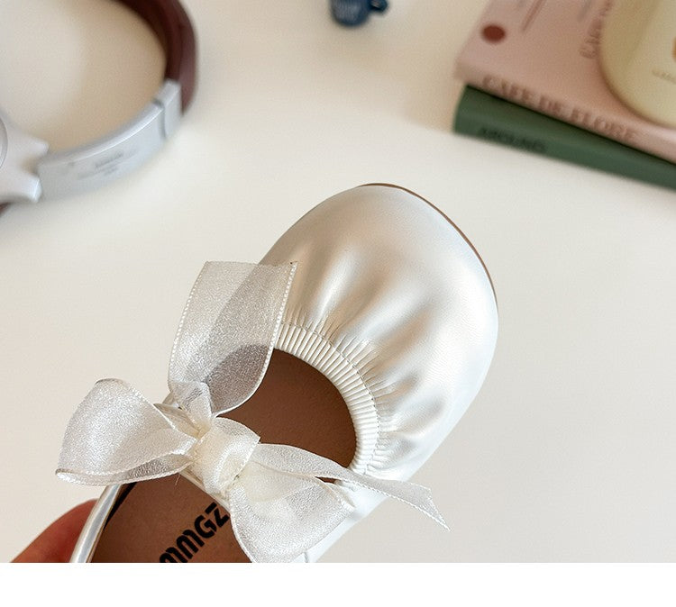 Baby Girl Princess Shoes Shine Surface Korean Style Lace Bow Casual Flats Non-Slip Toddler Kid Wedding Party Adorable Baby Shoes