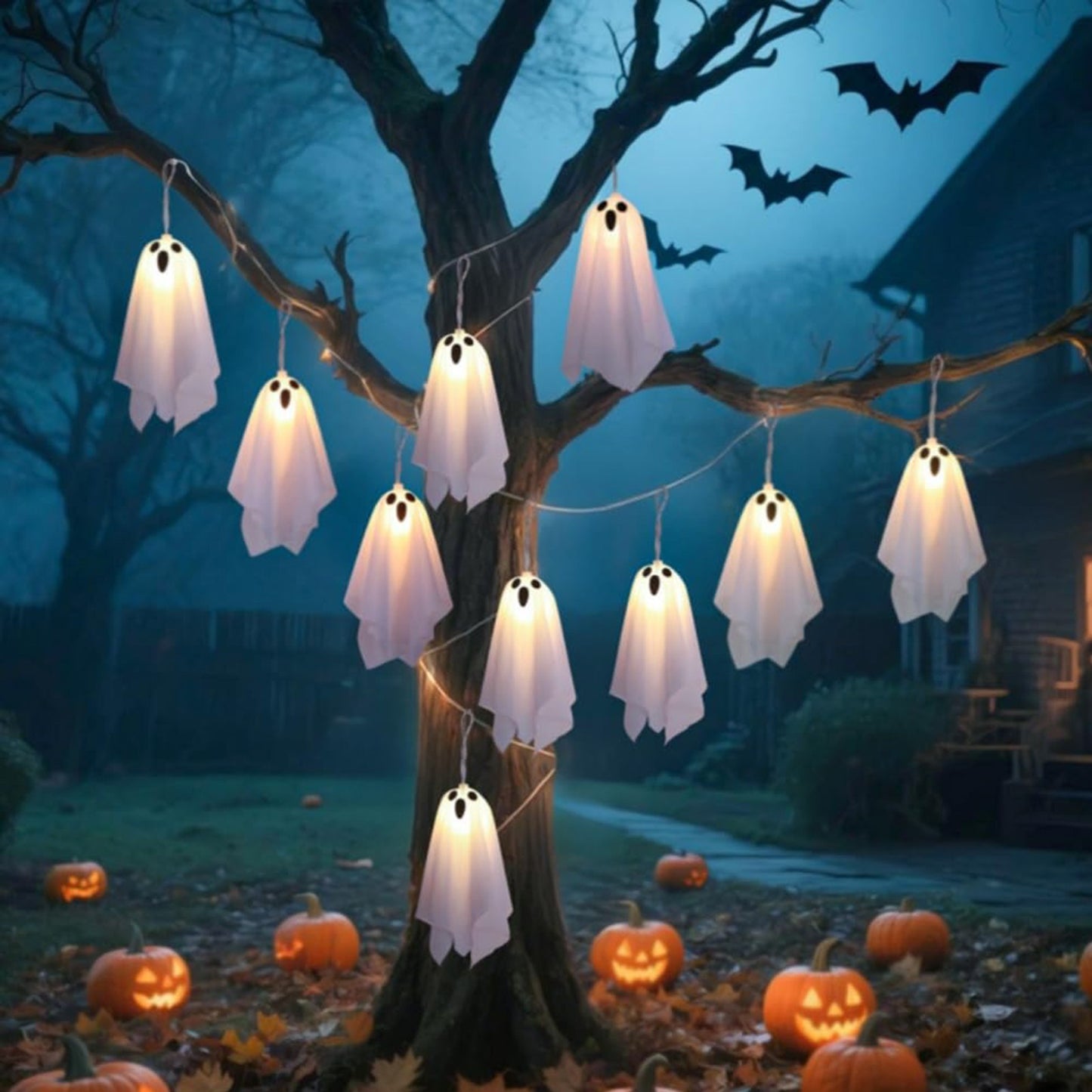 10Pcs LED Spooky Hanging Ghosts Decor, Halloween Ghost String Lights, Battery Operated Light Up Glow Garland for Indoor Outdoor