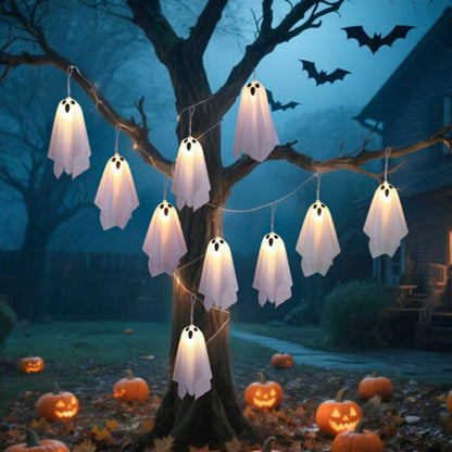 10Pcs LED Spooky Hanging Ghosts Decor, Halloween Ghost String Lights, Battery Operated Light Up Glow Garland for Indoor Outdoor