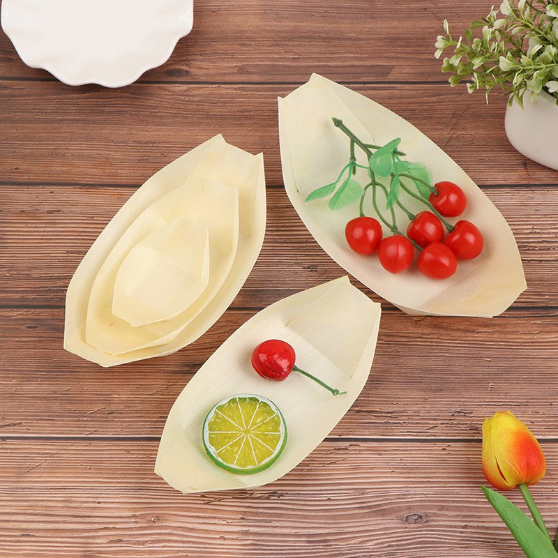 Bandejas de Alimentos 50pçs Barco de Madeira para Sushi Bambu Natural Descartável Caiaque Salada Sobremesa Bolo de Pinheiro Barco Tigela de Lanche Tapete Bandeja de Prato de Sushi