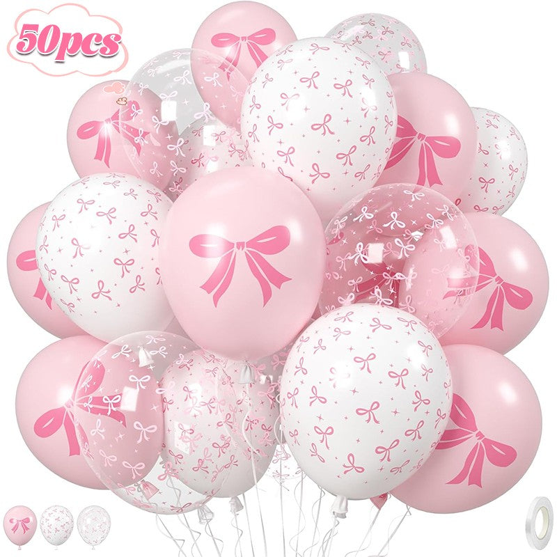 50/10pcs Bow Theme Latex Balloon 12 Inches Bowknot Print White Balloons for Kids Girls Birthday Baby Shower Wedding Party Decor