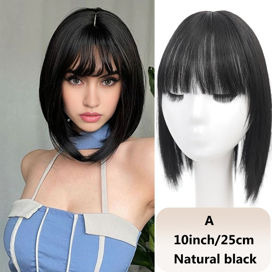 Franja sintética feminina de 25 cm/35 cm, lisa, aplique de cabelo topo, três presilhas, peruca preta/peruca marrom/peruca bege/peruca cáqui