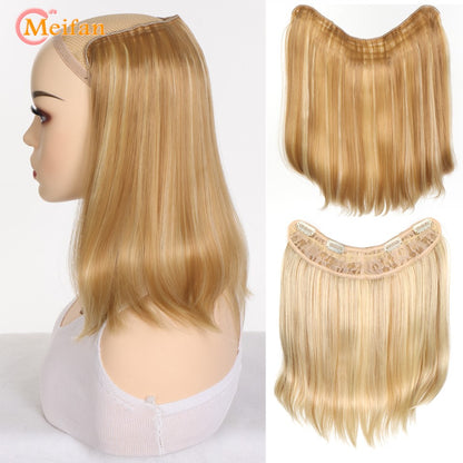 MEIFAN Peruca Sintética Longa e Lisa em U com Meia Cabeça para Mulheres, Clipes Pretos e Castanhos em Extensão de Cabelo, Apliques Naturais e Falsos