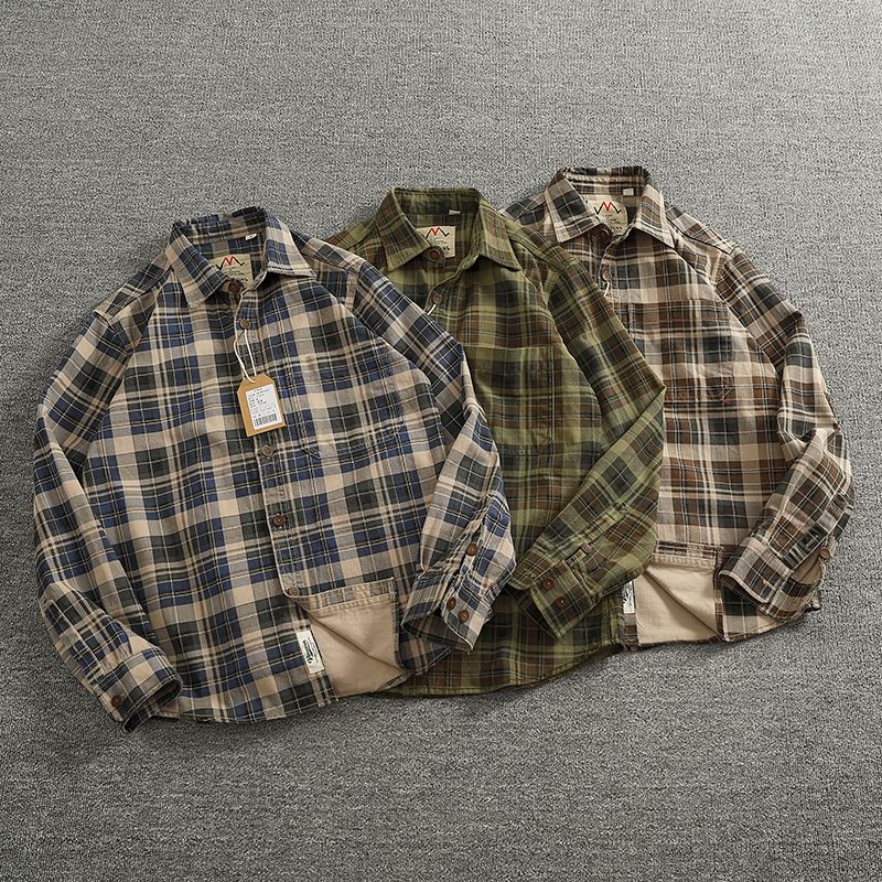 2024 Spring and Autumn New American Retro Woven Plaid Cargo Shirt Men's Simple 100% Cotton Washed Single Pocket Thin Jacket