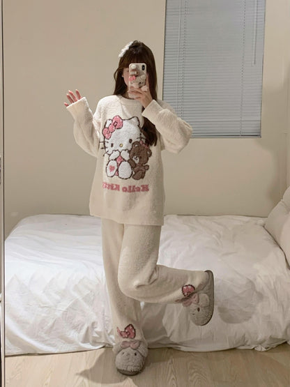 Hello Kitty Women's 2025 Kawaii Brushed Fleece Pajama Set Fall Winter Plush Thermal Cozy Sleepwear & Home Loungewear