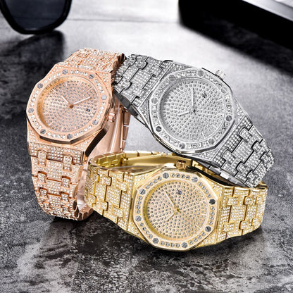 New Punk Men Watch Iced Out Diamond Sparkling Quartz Watches Fashion Hip Hop Classic Silver Color Watch Jewelry Men Women Gift
