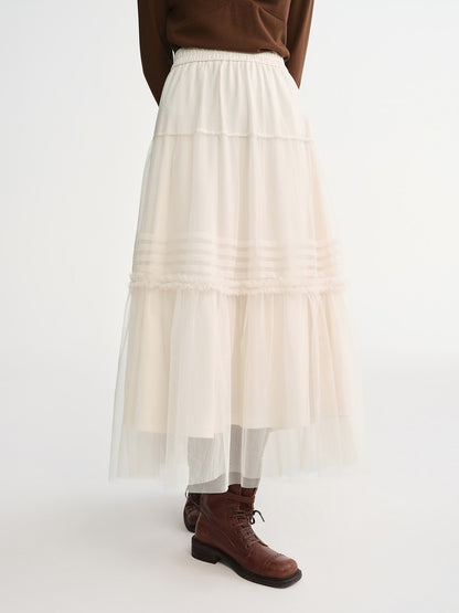 DUSHU Three-color Ruffled Mesh Skirt Women Pleated Mesh Straight Skirt Fairy Retro Gothic Cool Girls Elastic Waist Loose Fit