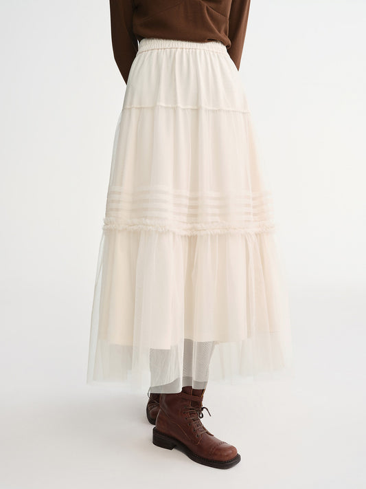 DUSHU Three-color Ruffled Mesh Skirt Women Pleated Mesh Straight Skirt Fairy Retro Gothic Cool Girls Elastic Waist Loose Fit