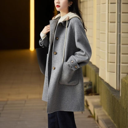 New Women Double-sided Cashmere Coat Female Solid Long Hooded Single Breasted Warm Woolen Coats Loose Tide Autumn Winter
