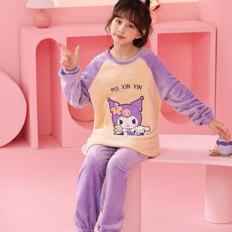 Sanrio Kawaii Kuromi Cinnamoroll Kids Winter Pajamas Set Children's Sleepwear Warm Flannel Homewear for Girls Anime-Inspired