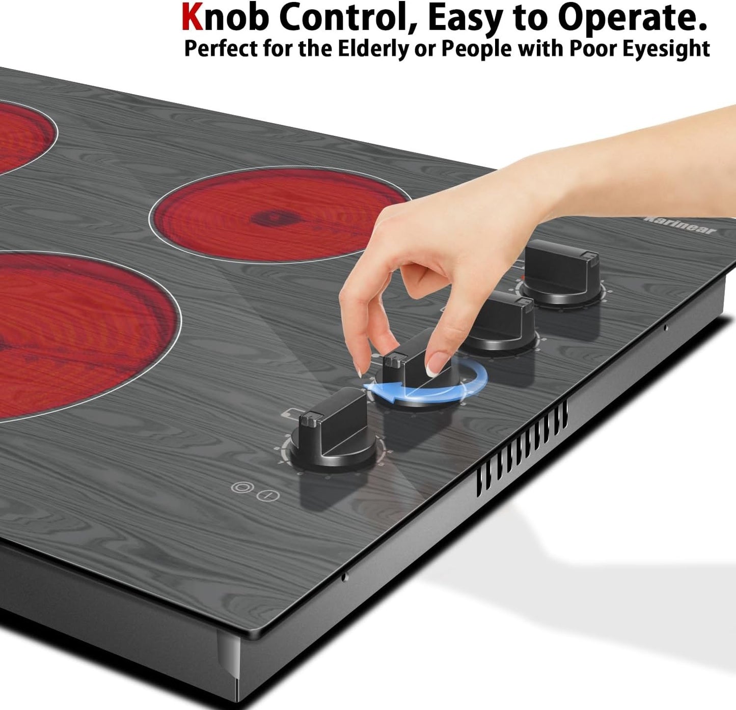 Karinear 4 Burners Ceramic Electric Cooktop, Knob Control, Beautiful Wooden Pannel, 30" Built-in,6700W, 220-240v Hard Wired