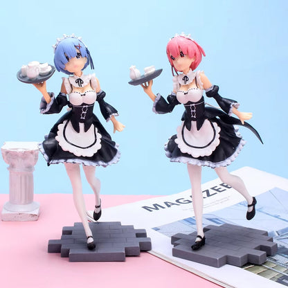 Re:Zero Rem & Ram Figure Set - Maid Costume with Tray, Standing Pose, Detailed Collectible Models for Collection & Display