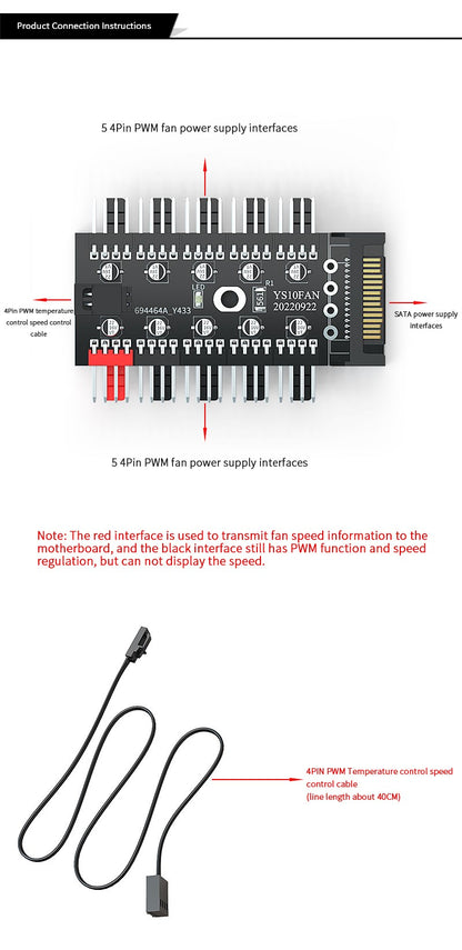 TEUCER 1 to 10 PWM Fan HUB 4PIN 3PIN 12V Splitter Cable Splitter Desktop Computer Cooling Fan Extension Adapter