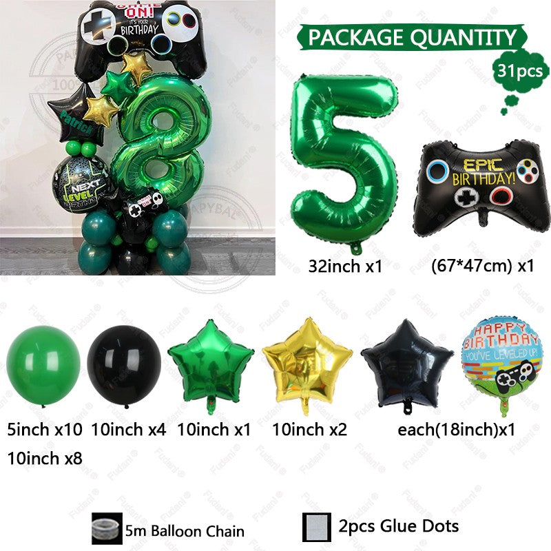 31pcs Gamepad Theme Balloon Green Number Birthday Balloon Set Game Theme Party Decoration Birthday Surprise Gifts