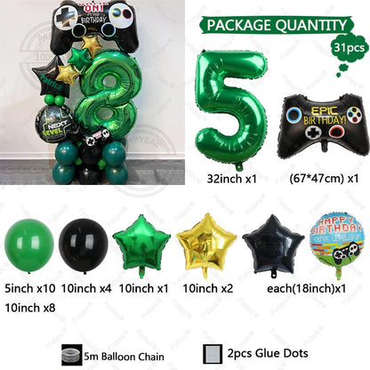 31pcs Gamepad Theme Balloon Green Number Birthday Balloon Set Game Theme Party Decoration Birthday Surprise Gifts