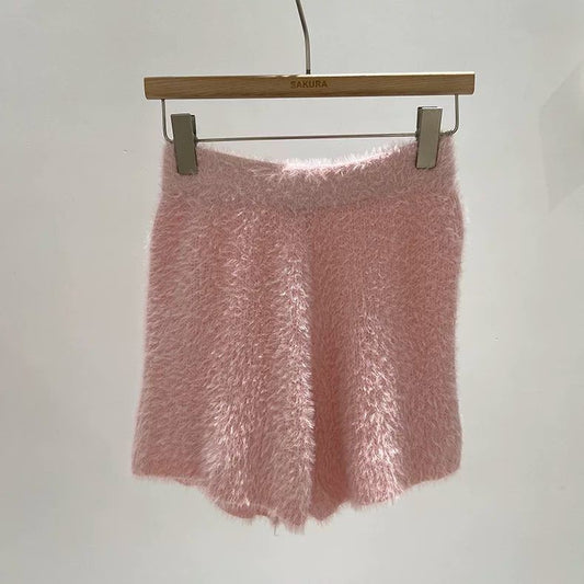 Women's Autumn Winter Faux Mink Hair Shorts Sweet Soft High Waist Slim Hairy Elasticity Shorts Fashion Knitting Homewear Shorts