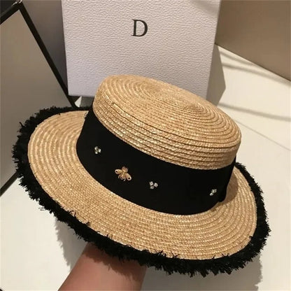 2023 Summer sun hat Lafite grass French straw hat Women's chain decorated straw hat Holiday Sun hat Punk style  beach