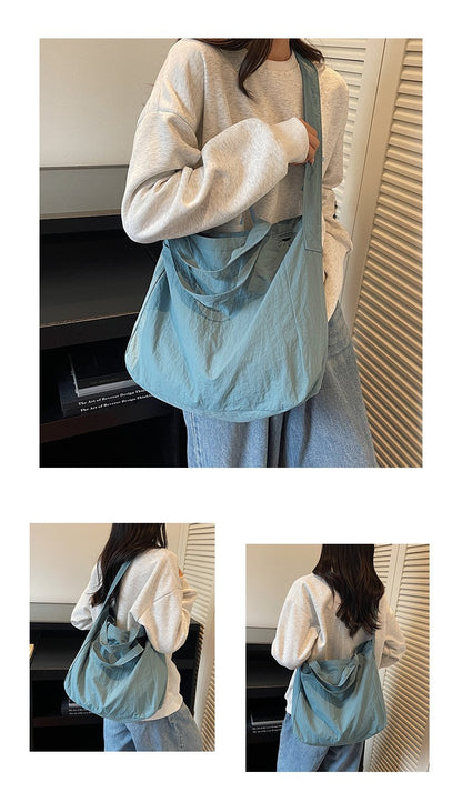 Lazy Style Nylon Crossbody Shoulder Bag Women Casual Large Capacity Bucket Tote Bag Lightweight Japan Style Simple Handbag
