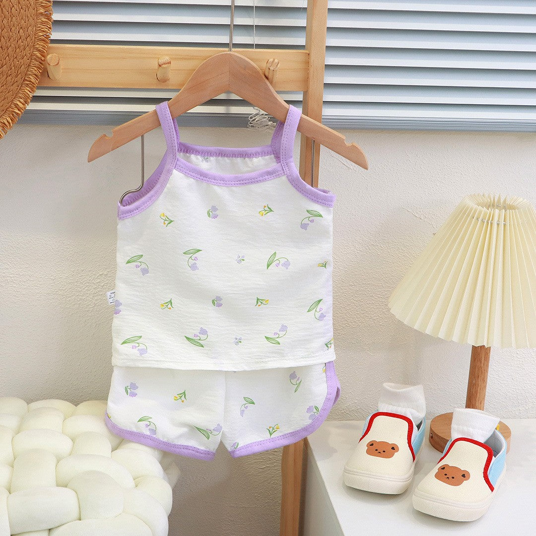 Summer Children Sling Shorts Set Fashion Flower Girls Kids Thin Breathable Pajamas Cute Cartoon Baby Toddler Home Clothes