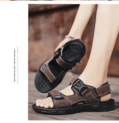 Summer Men Sandals PU Leather Lightweight Open Toe Flat Mens Casual Shoes Outdoor Walking Sandals for Men Beach Shoes Size 39-46
