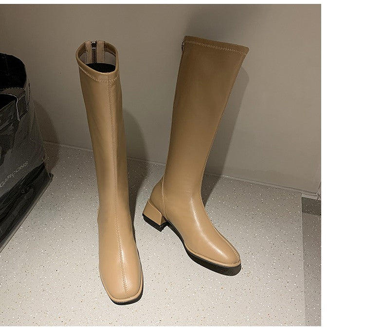 Women Black High Heel Long Boots Fashion Spring Autumn Warm Knee High Boots Soft Leather Thigh High Boots Shoes Zipper